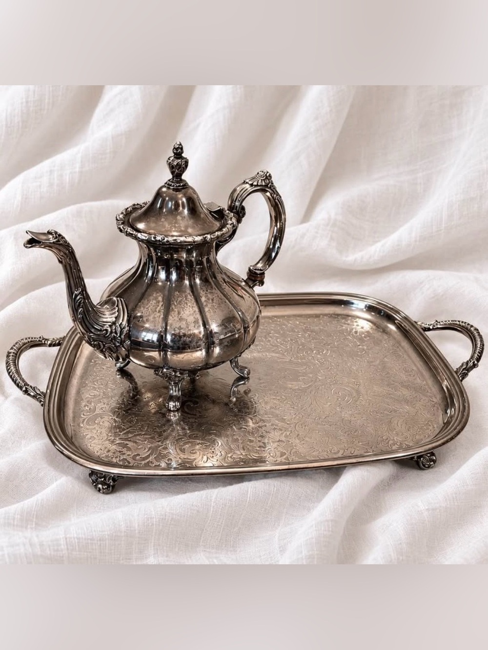 Vintage Canadian Silver Plated Tea Pot & Serving Tray Set SW 9877 Silver Plate